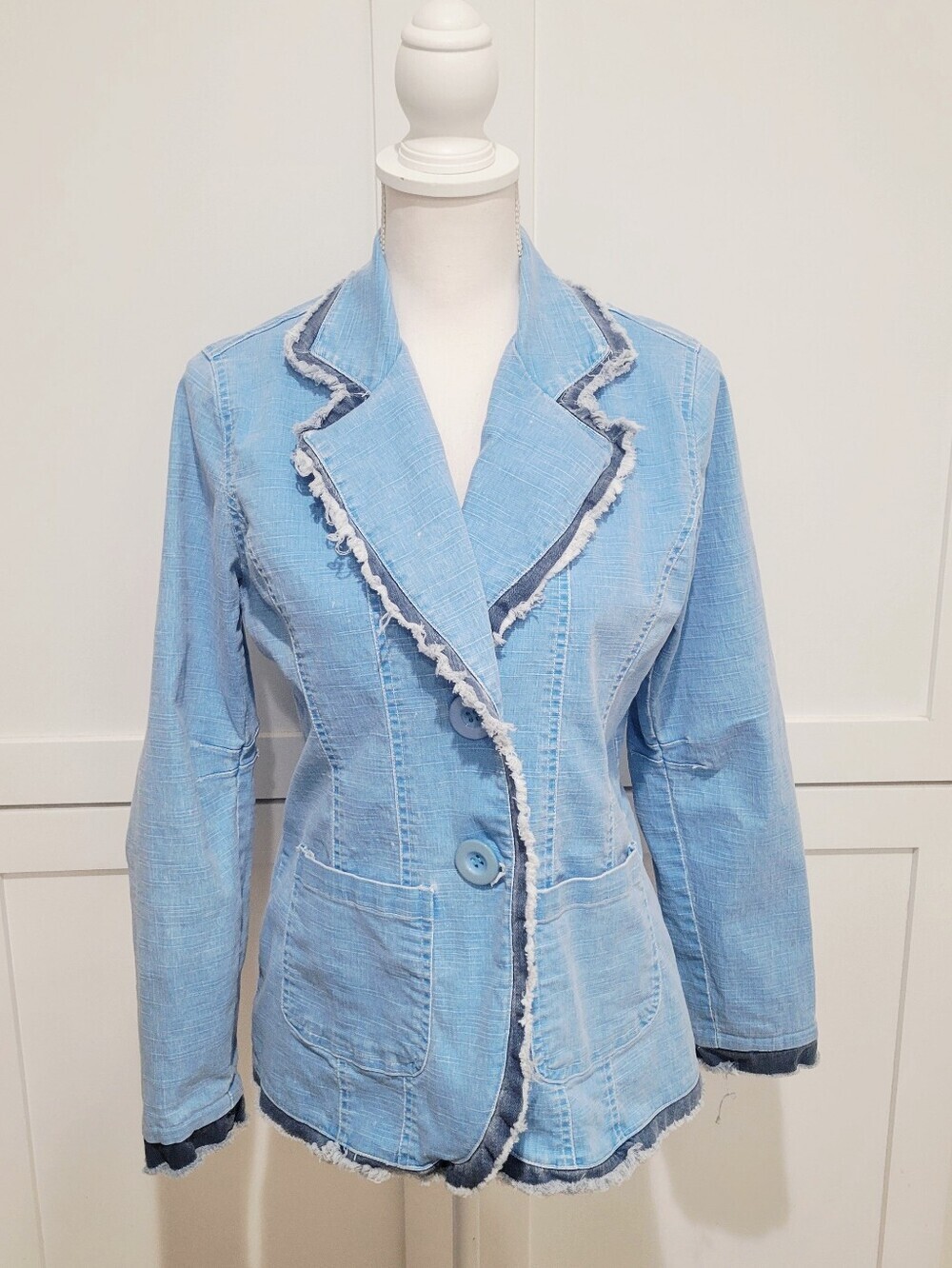 Y2K Z. Cavaricci Light Blue Frayed Trim Denim Blazer | Size Medium